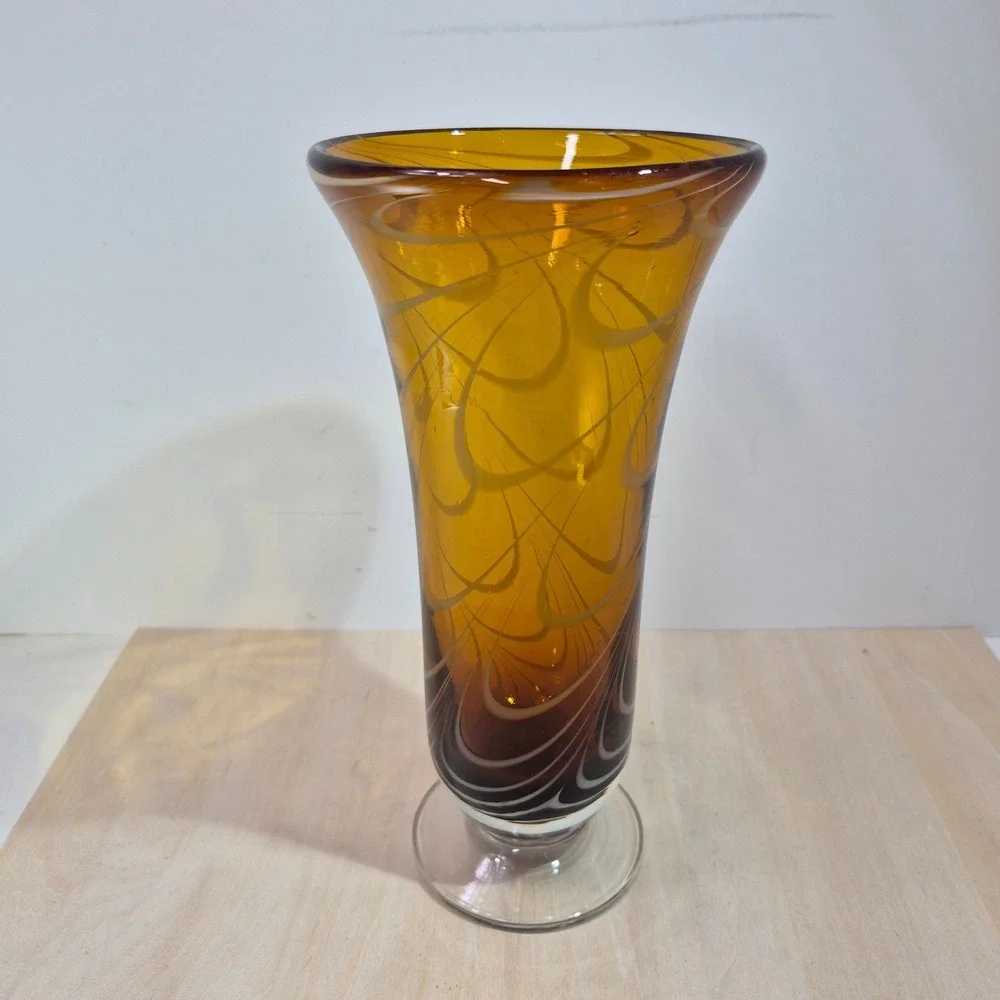 Vintage Amber Art Glass Vase White‎ Swirl Pulled Feather Trumpet Vase 9.5 inch